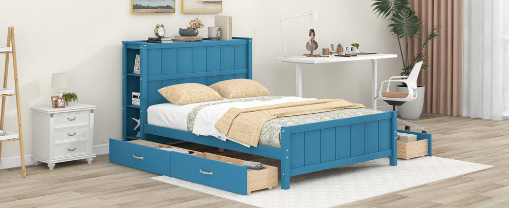 Full Size Platform Bed with Storage Drawers and Headboard Shelves (No mattress), Blue
