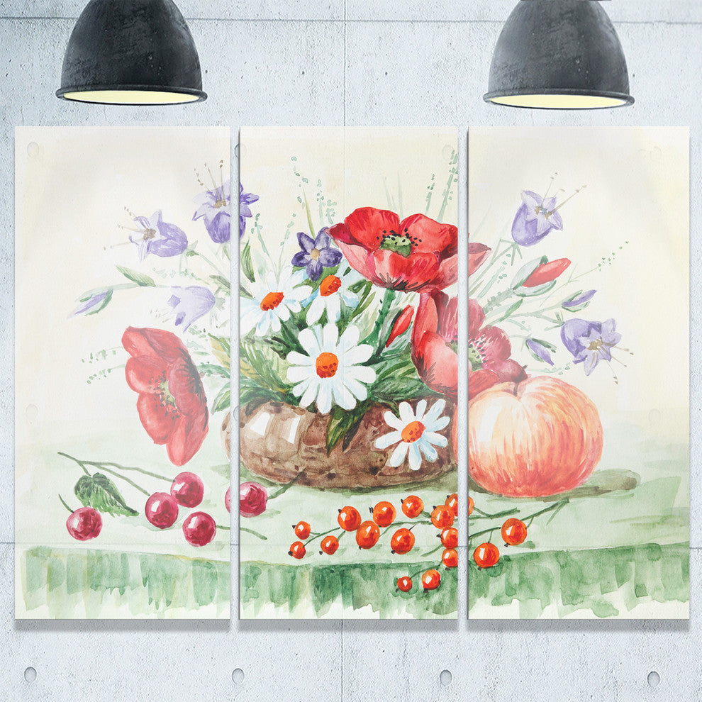 "Colorful Bunch of Flowers and Fruits" Metal Wall Art, 3 Panels, 36"x28"