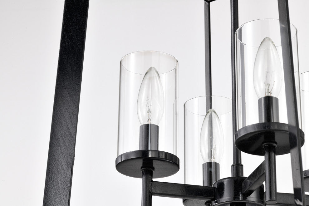 4-Light Antique Black Geometric Cage Lantern Pendant With Clear Glass Shades