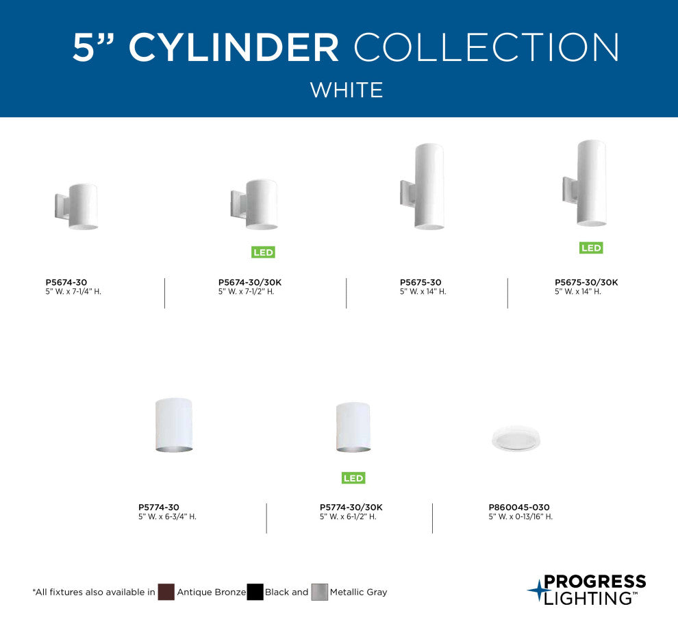 Progress Lighting 1-Light Wall Lantern Metal Cylinder, White