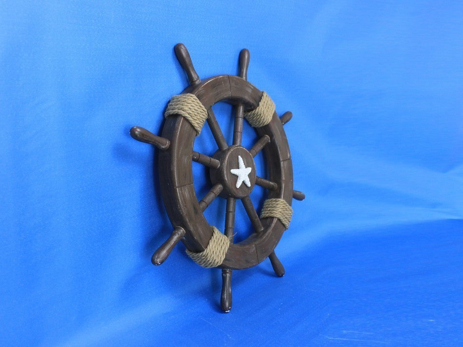 Rustic Wood Finish Decorative Ships Wheel With Starfish, 18"