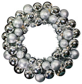 16" Silver Ball Wreath With Battery Powered Pure White LEDs
