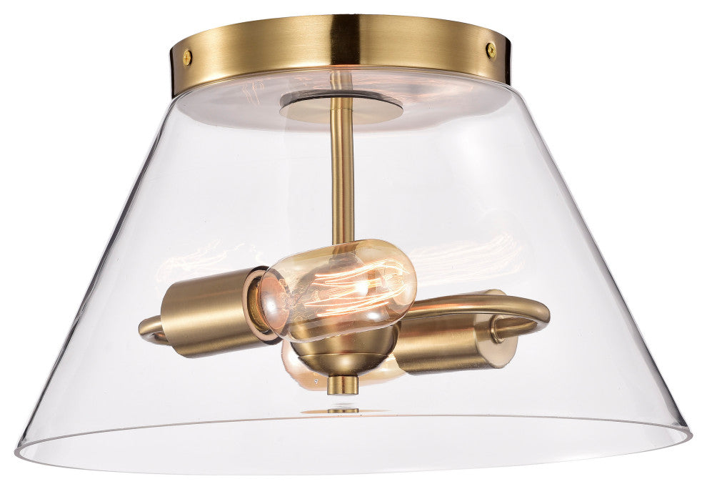 Dover 2-Light Small Flush Mount Fixture, Vintage Brass With Clear Glass