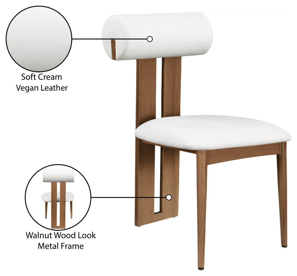 Dario Upholstered Dining Chair, Set of 2, Cream, Vegan Leather, Walnut Wood Look