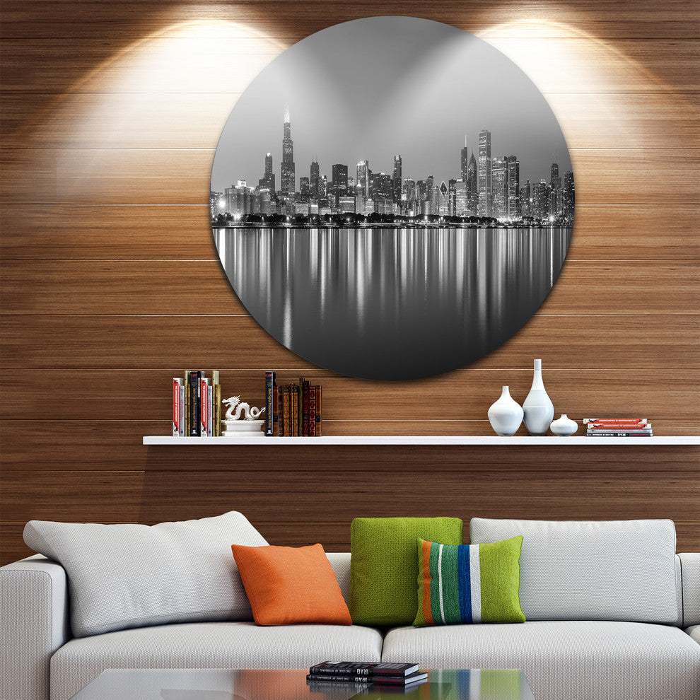 Chicago Skyline At Night Black And White, Circle Metal Wall Art, 11"
