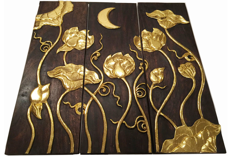 Asian Gold Wood Carved Lotus Flower and Moon Relief Wall Art Panels. 36"