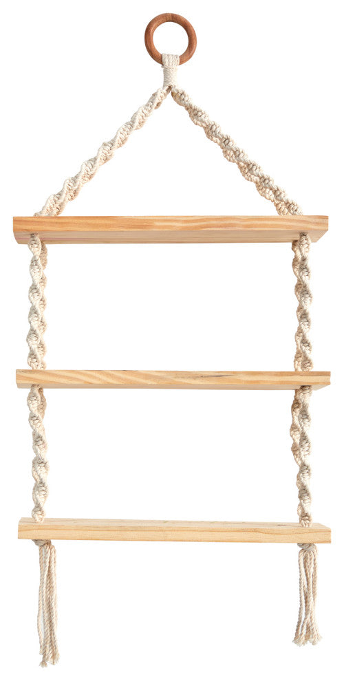 7127 2.5x1 Three Tier Handmade Boho Macrame Wall Hanging With Wooden Shelf