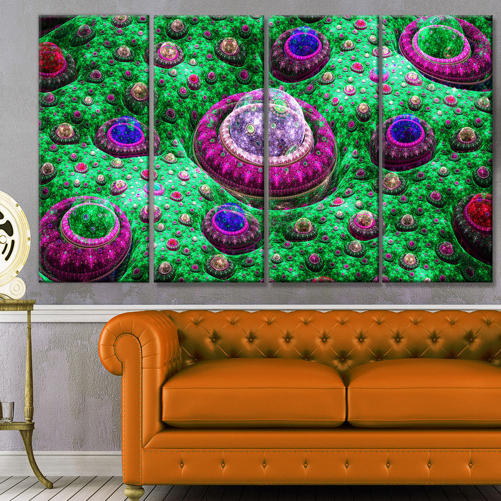 Green Fractal Exotic Planet, Abstract Canvas Art Print, 48"x28", 4 Panels