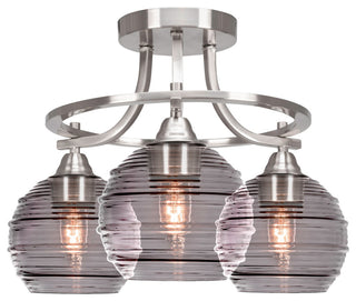 Paramount 3-Light Semi-Flush Light, Brushed Nickel, 6" Smoke Ribbed Glass