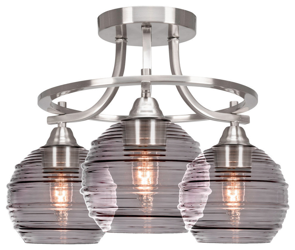 Paramount 3-Light Semi-Flush Light, Brushed Nickel, 6" Smoke Ribbed Glass