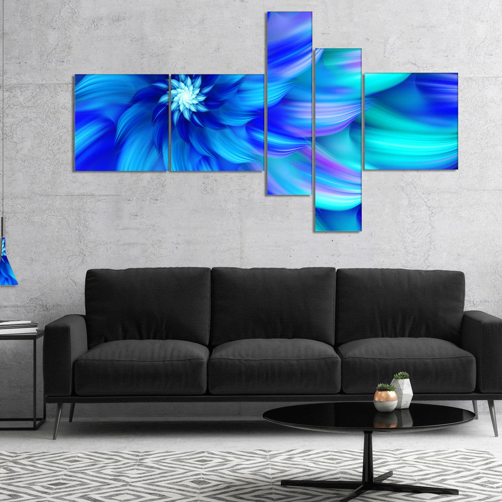 Massive Blue Fractal Flower, Floral Canvas Art Print, 60"x32", 5 panels