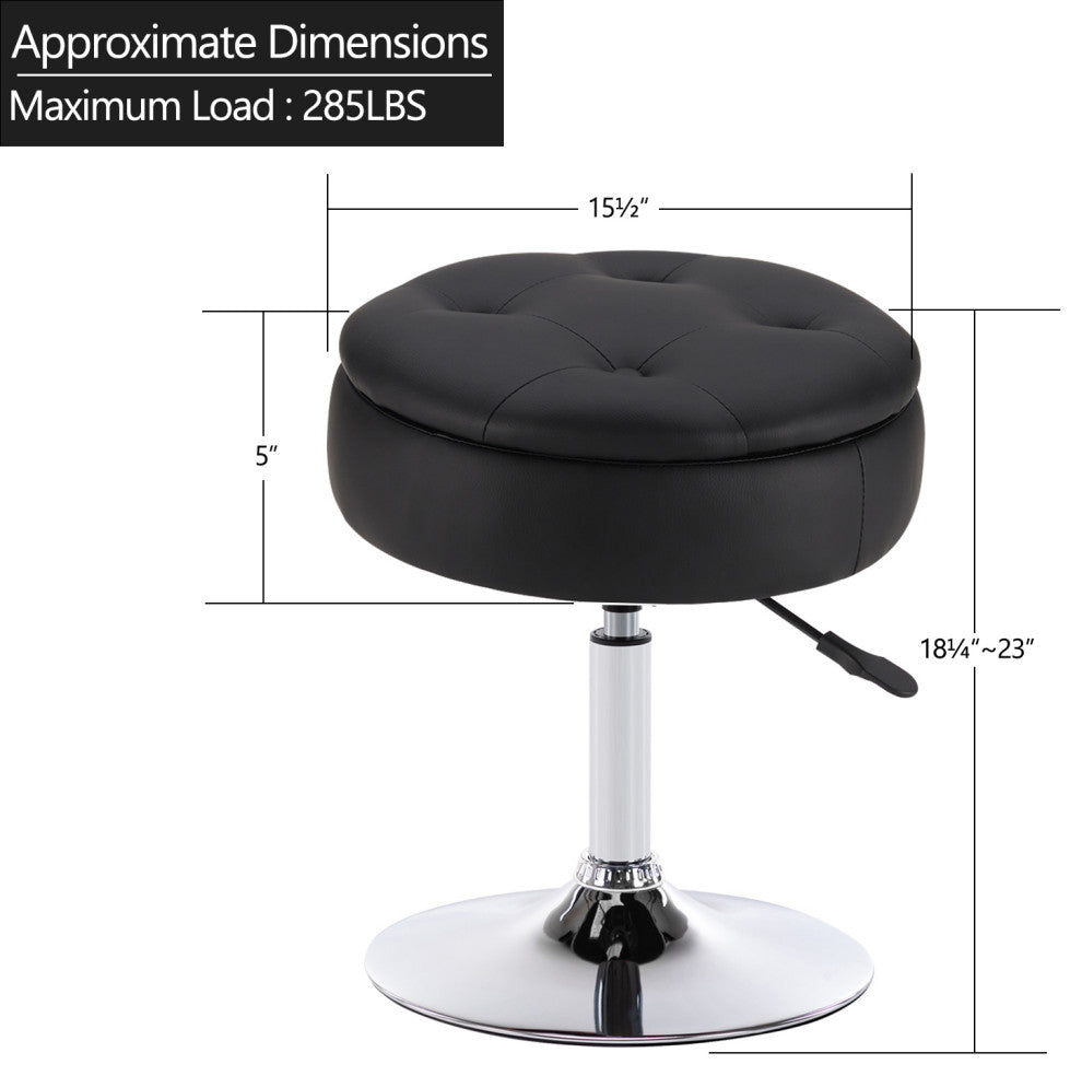 Storage Swivel PU Leather Vanity Stool, Black With Removeable Tray