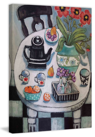 "Fruit and Flowers on White Table" Painting Print on Wrapped Canvas
