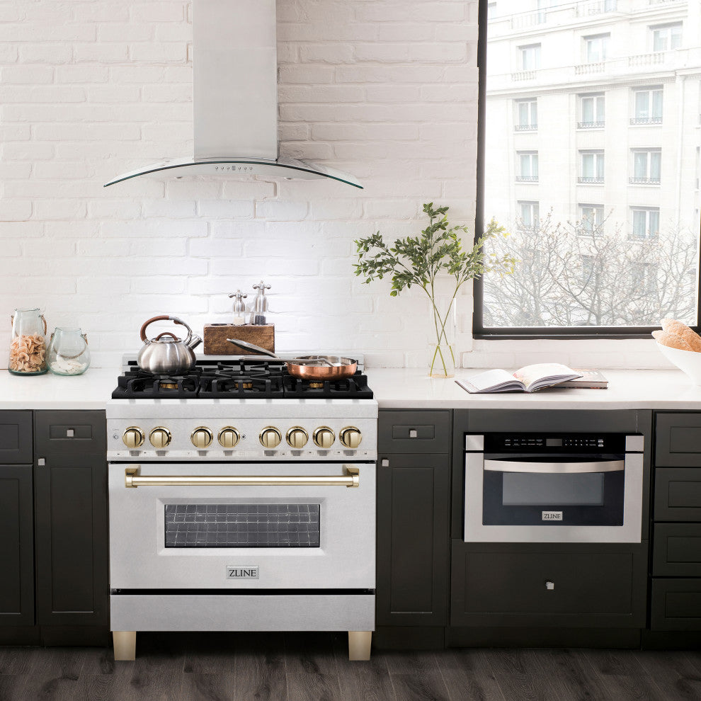 ZLINE 36" Dual Fuel Range, DuraSnow With Gold Accents RASZ-SN-36-G