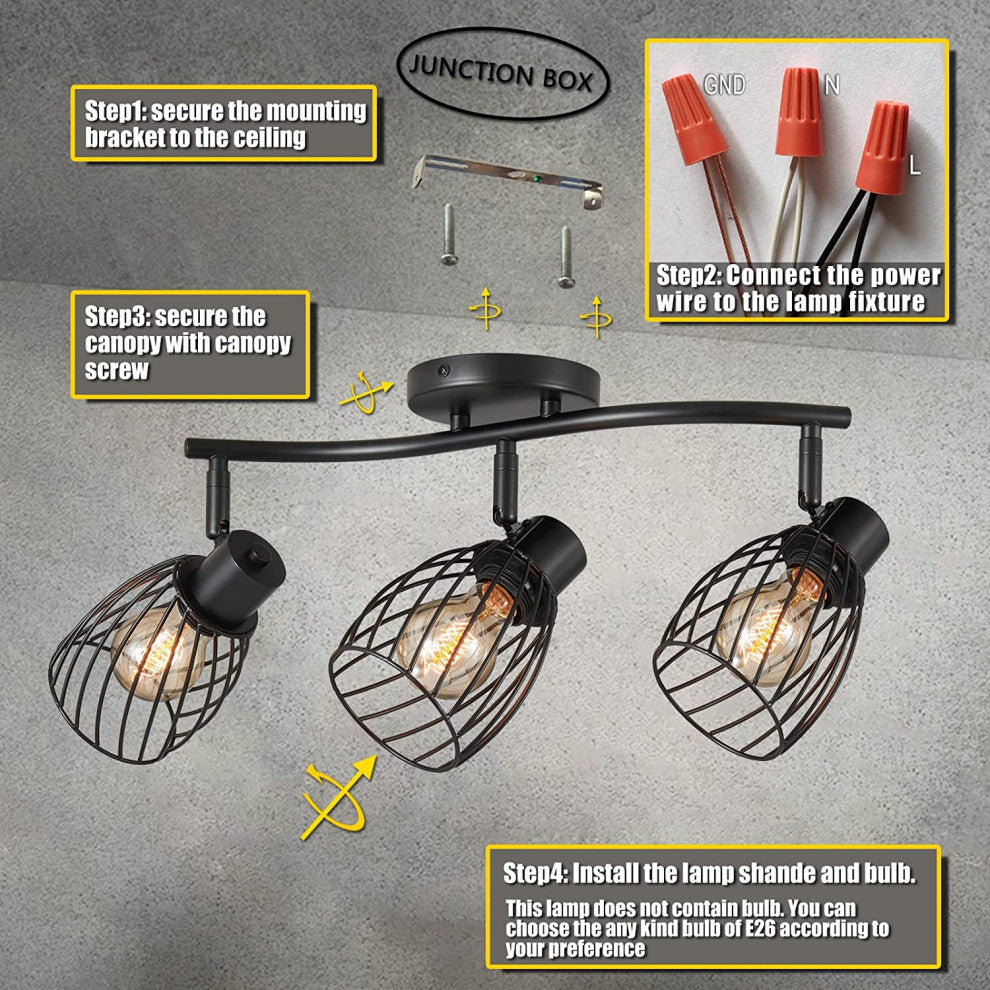 3 Light Semi Flush Mount, Farmhouse, Vintage, Cage, Black