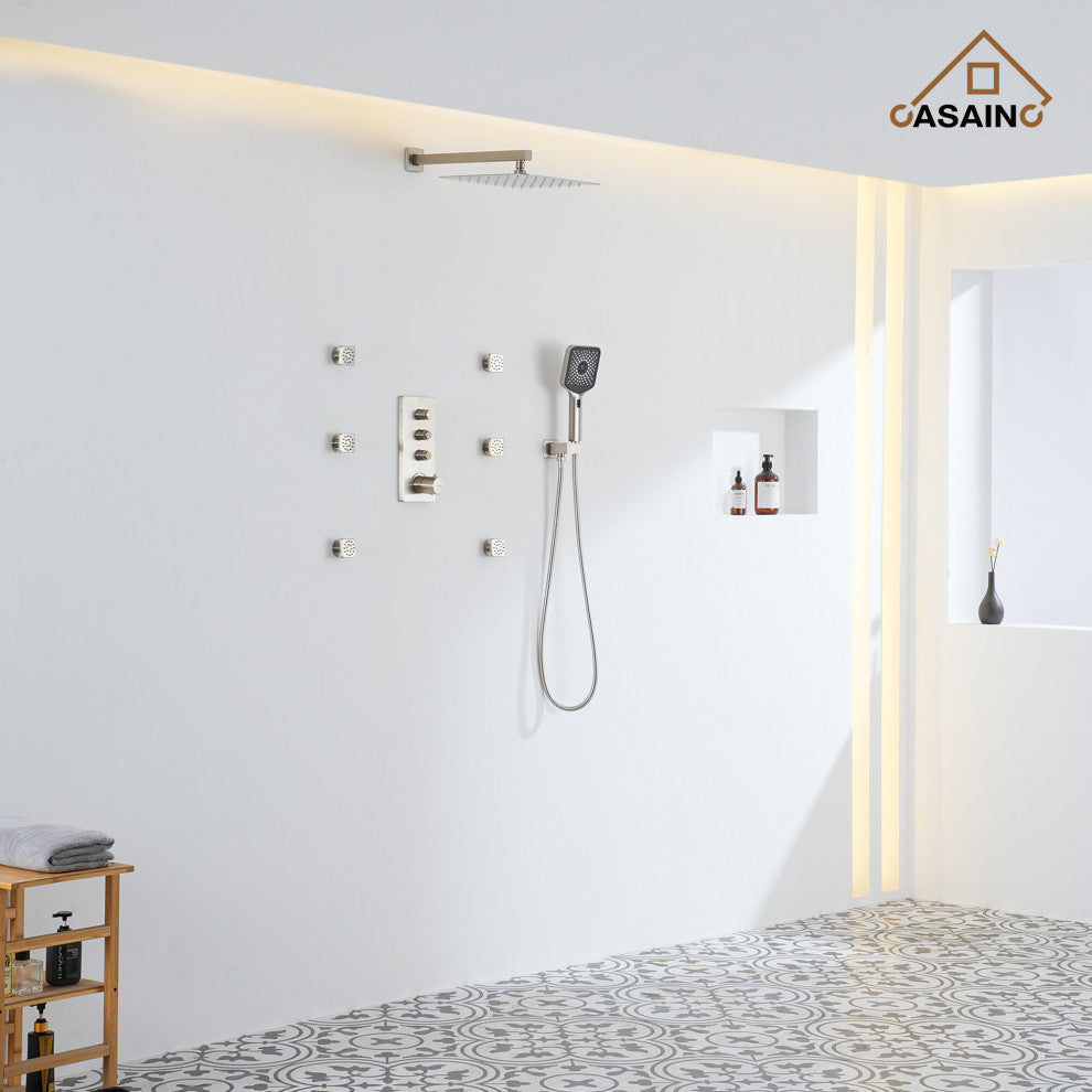 3 Functions 12 Inch Wall Mount Thermostatic Shower System, Brushed Nickel
