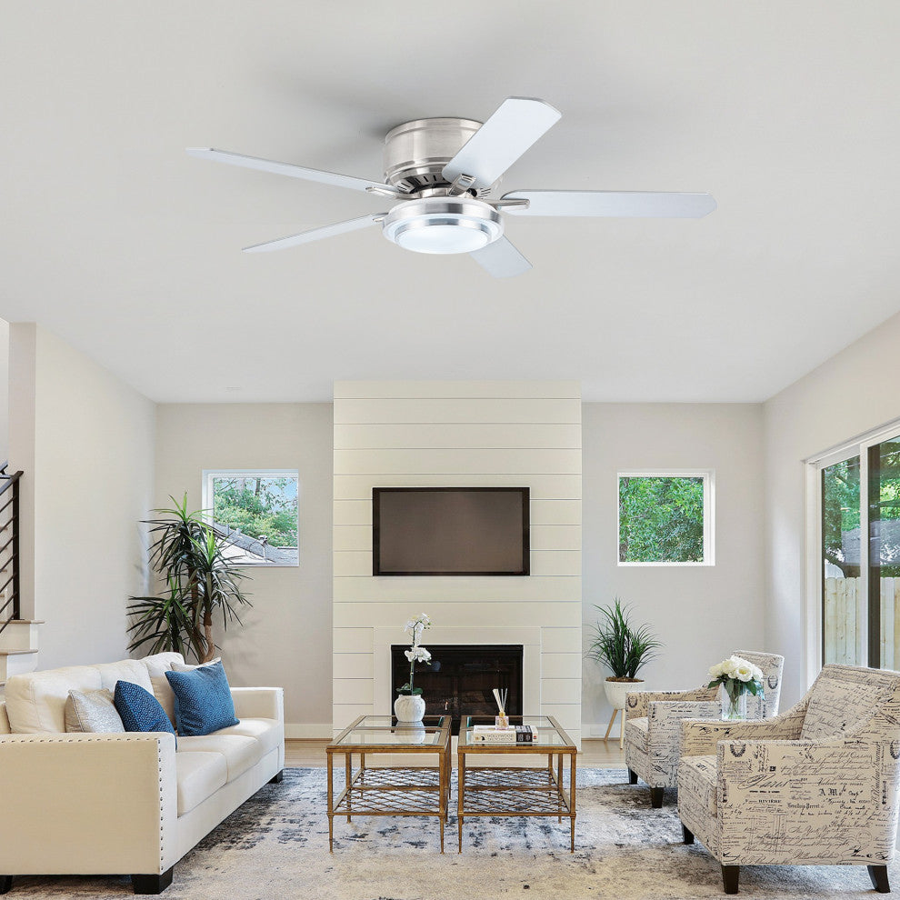 52-inch Modern Satin Nikel Flush Mount Ceiling Fan with Light