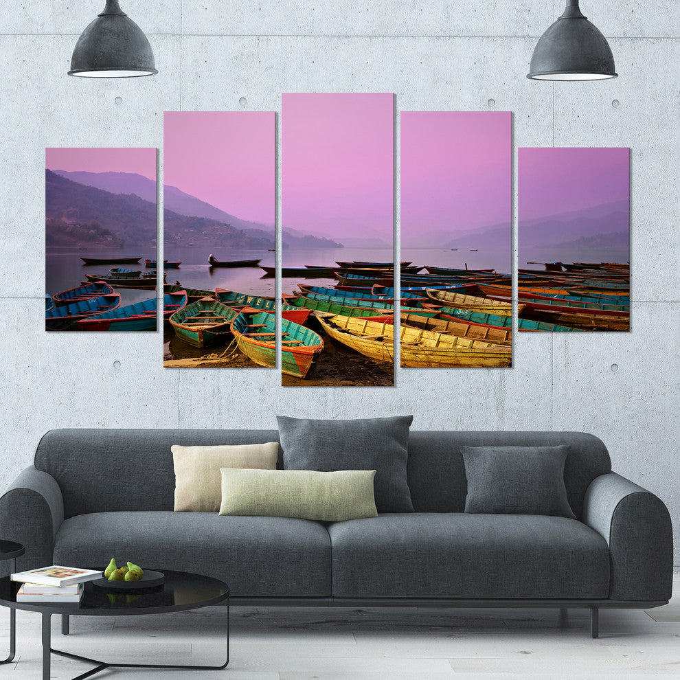 Boats under Twilight Sky in Phewa, Boat Canvas Art Print, 60"x32", 5 Panels