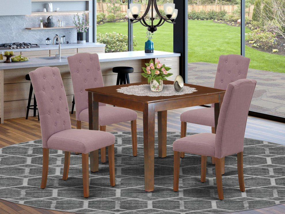 5Pc Dining Set, Square Table, Four Parson Chairs, Dahlia Fabric, Mahogany
