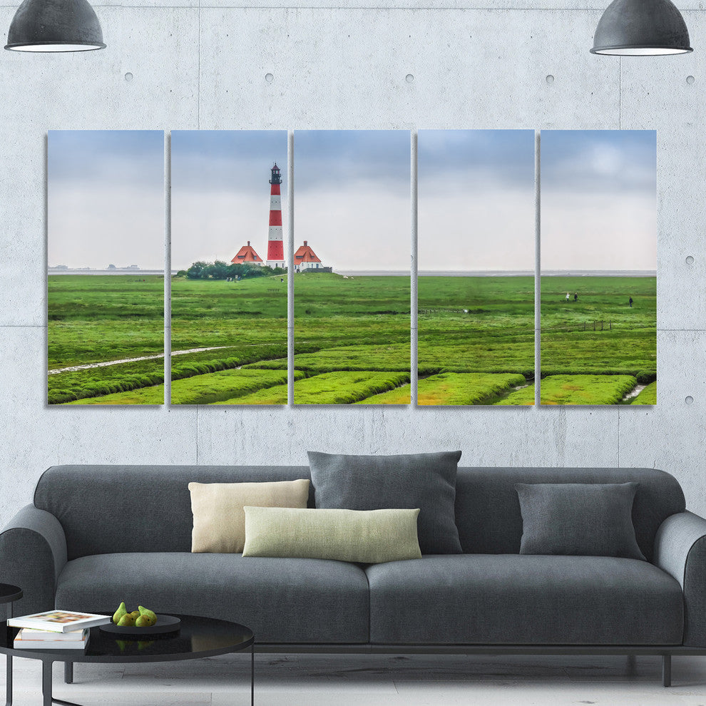 Westerheversand Lighthouse Panorama, Landscape Canvas Print, 60"x28", 5 Panels