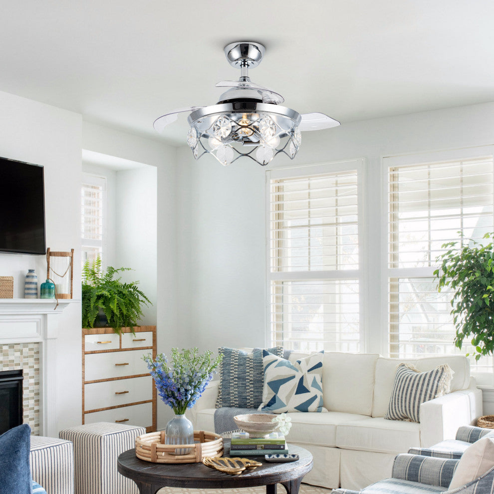 36 in Chrome Crystal Shade Ceiling Fan with Remote, Three Retractable Blades