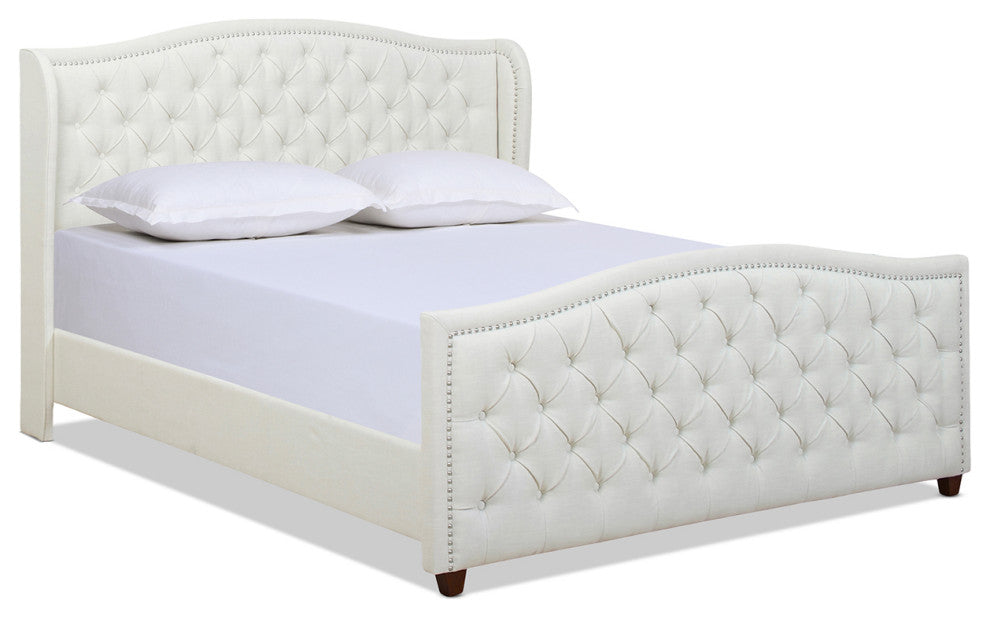 Marcella Upholstered Tufted Shelter Wingback Panel Bed, Antique White Polyester, King