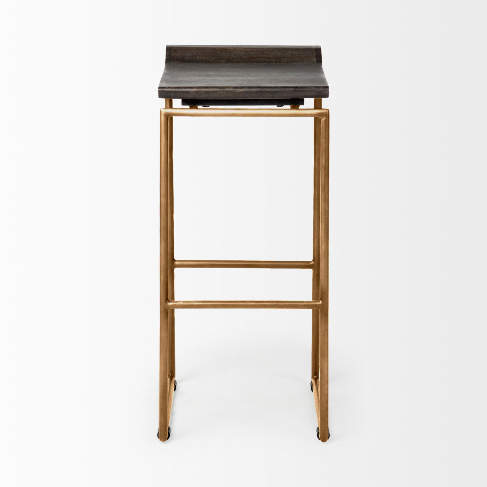 Givens Dark Brown Solid Wood Seat with Gold Metal Frame Bar Stool