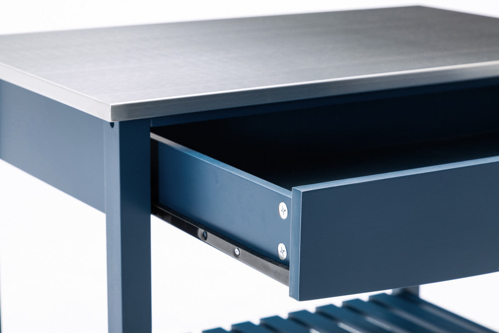 Holland kitchen cart with stainless steel top, navy blue