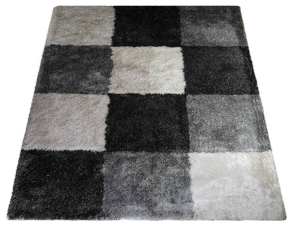 HAND TUFTED SHAG POLYESTER ECO-FRIENDLY AREA RUGS, Black Silver Color, Geometric