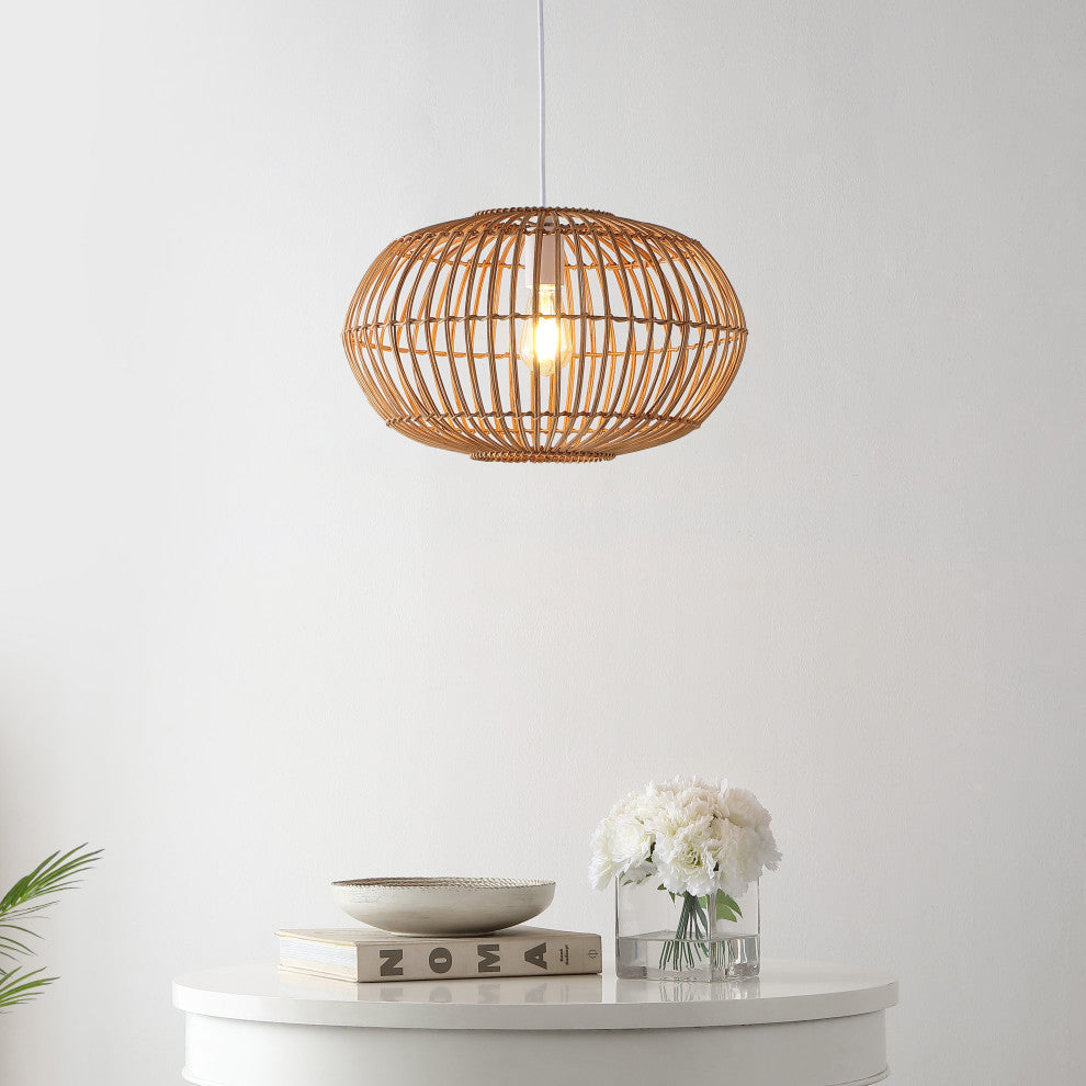 Nova 20.25" 1-Light Rattan 180" Plug-In or Hardwired LED Pendant, Brown, Leo