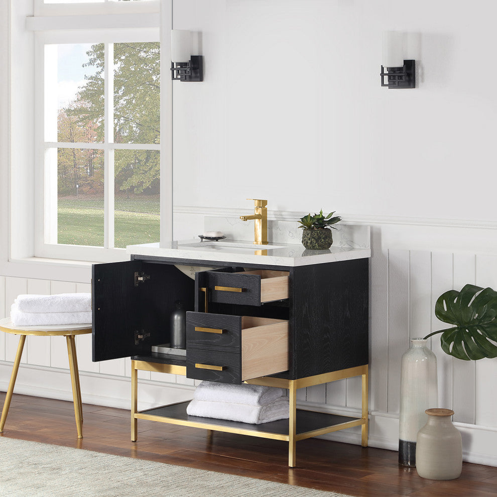 Wildy Black Oak Bathroom Vanity Set, 36", Without Mirror