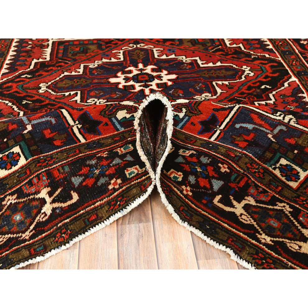 Tomato Red Vintage Zorostrian Heris Hand Knotted Worn Wool Rug, 6'8"x9'3"