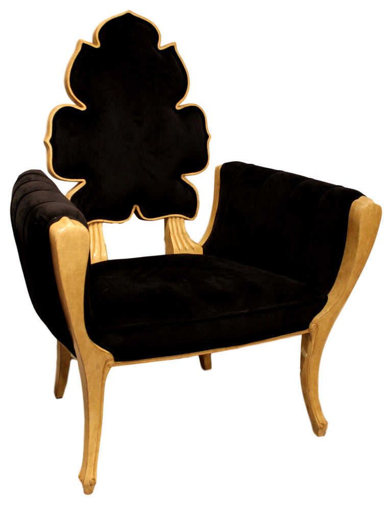Luxe Elegant Sculpted Velvet Black Arm Chair, Mid Century Modern Wiggle Side