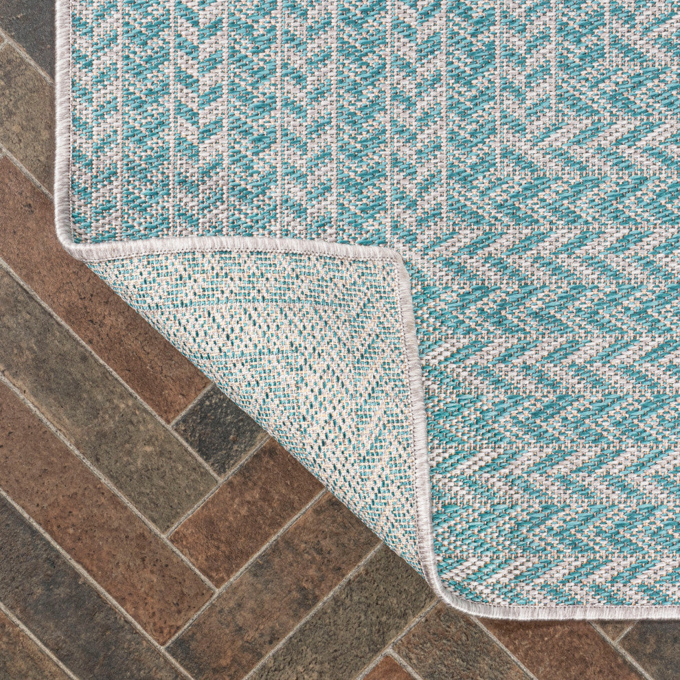 Chevron Modern Concentric Squares Indoor/Outdoor Area Rug, Aqua/Light Gray, 8x10