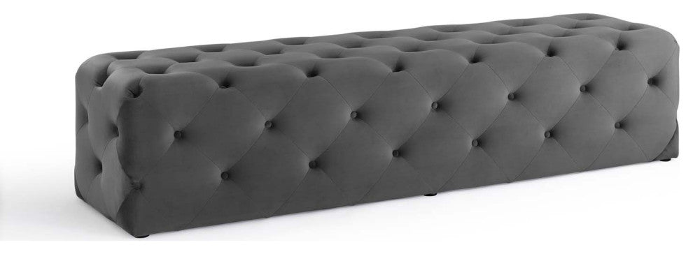 Tufted Accent Chair Bench, Velvet, Gray, Modern, Living Lounge Hospitality