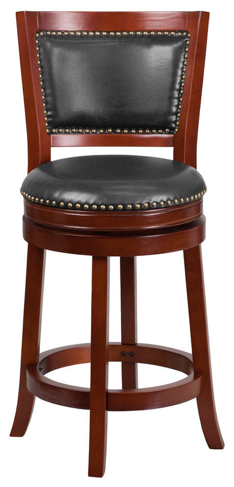 26" High Dark Cherry Wood Counter Stool With Walnut Leather Swivel Seat