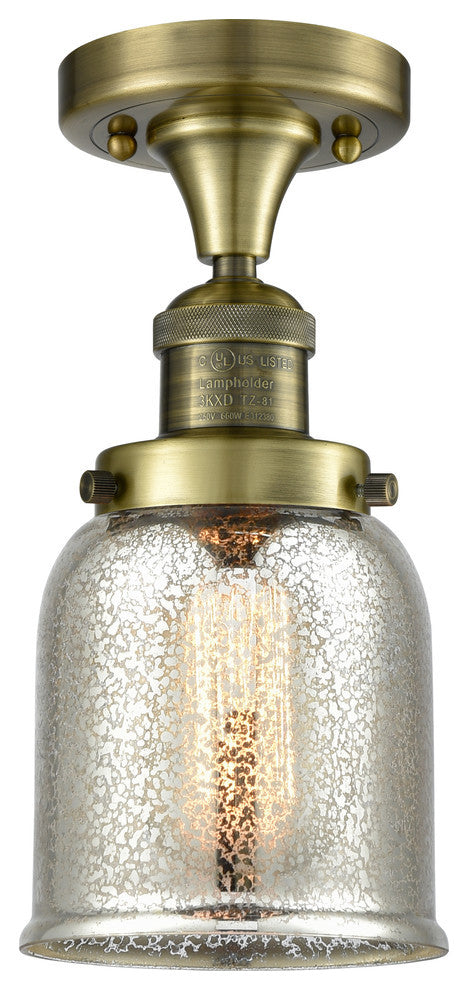 1-Light Small Bell 5" Flush Mount, Antique Brass, Glass: Silver Mercury