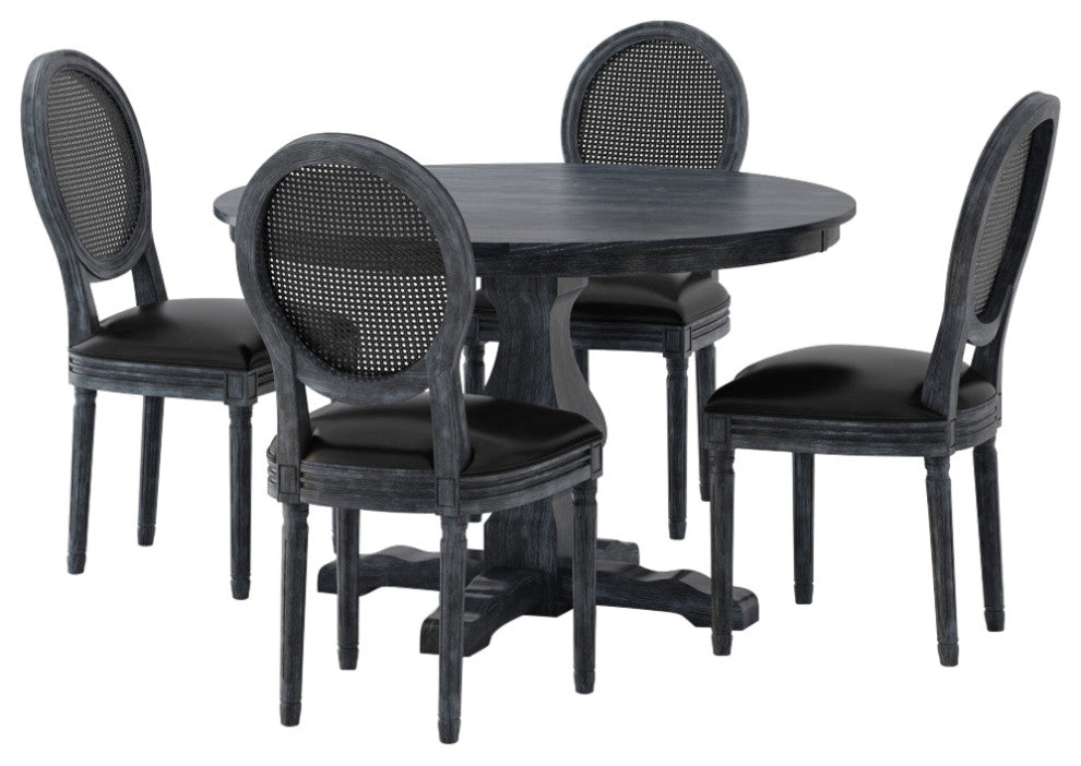 Mores French Country Upholstered Wood and Rattan 5-Piece Circular Dining Set, Gray/Midnight Black, Pu