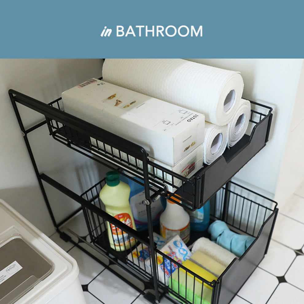 White Steel Under Sink Organizer and Storage, 2-Tier Countertop Sliding Rack