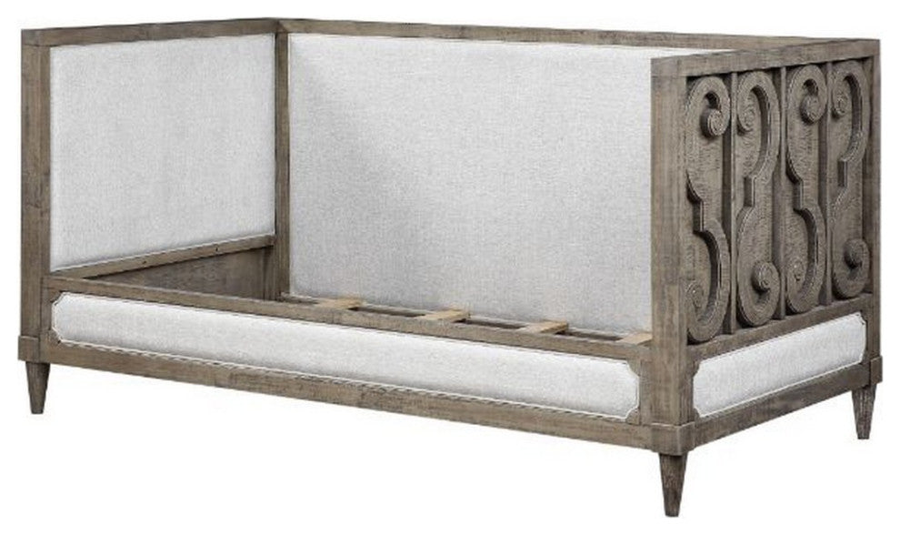 Benzara BM261737 Daybed With Fabric Upholstery and Carvings, Weathered Brown