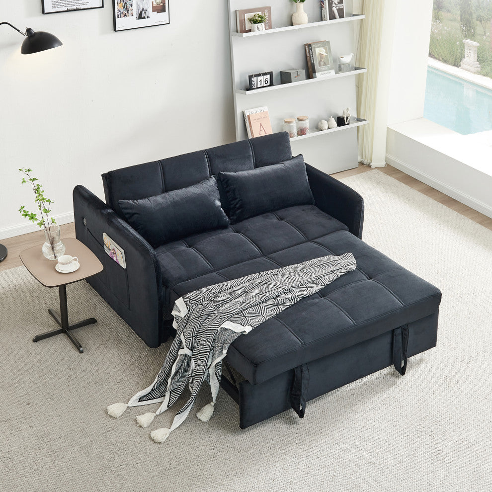 TATEUS 55.5" Twins Pull Out Sofa Bed Velvet  for Small Room Black