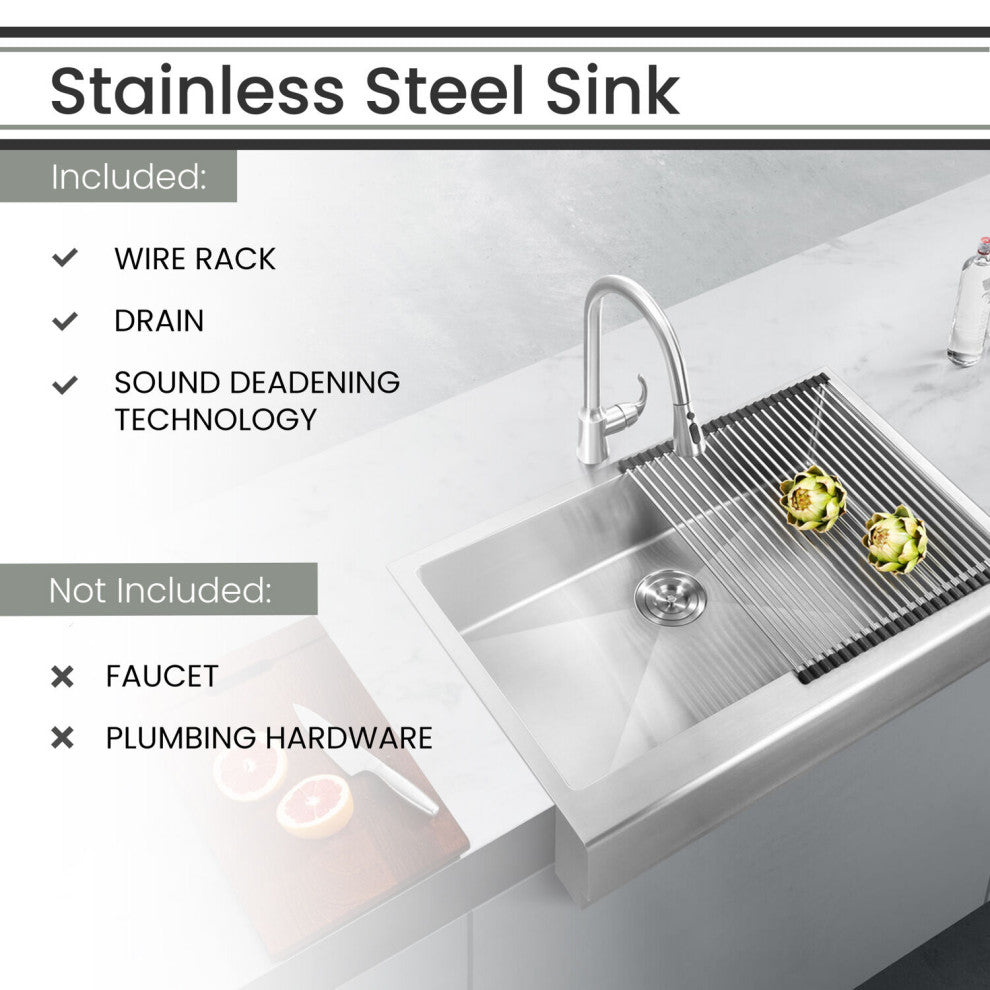 33" Stainless Steel Flush Mount Single Bowl Sink, Apron