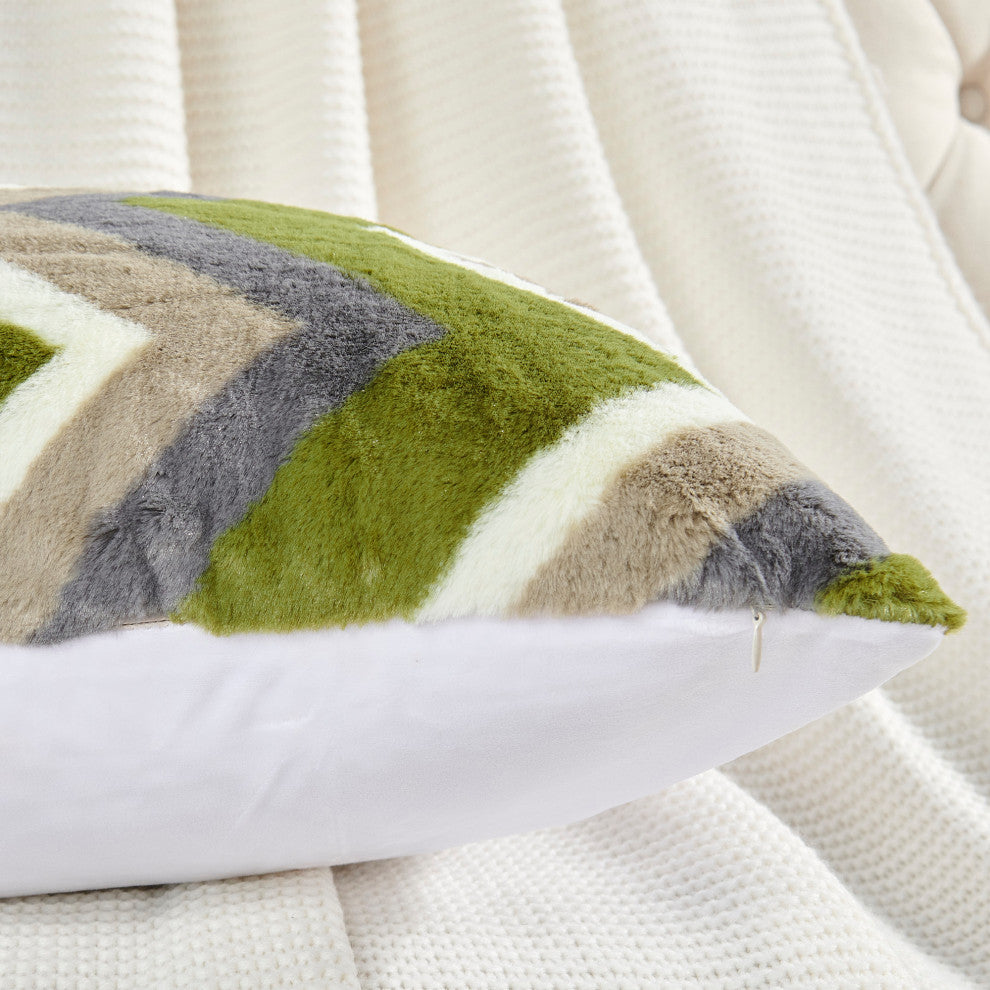 Chevron Faux Fur Pillow Shells, Set of 2, Taupe Green, 20"x20"