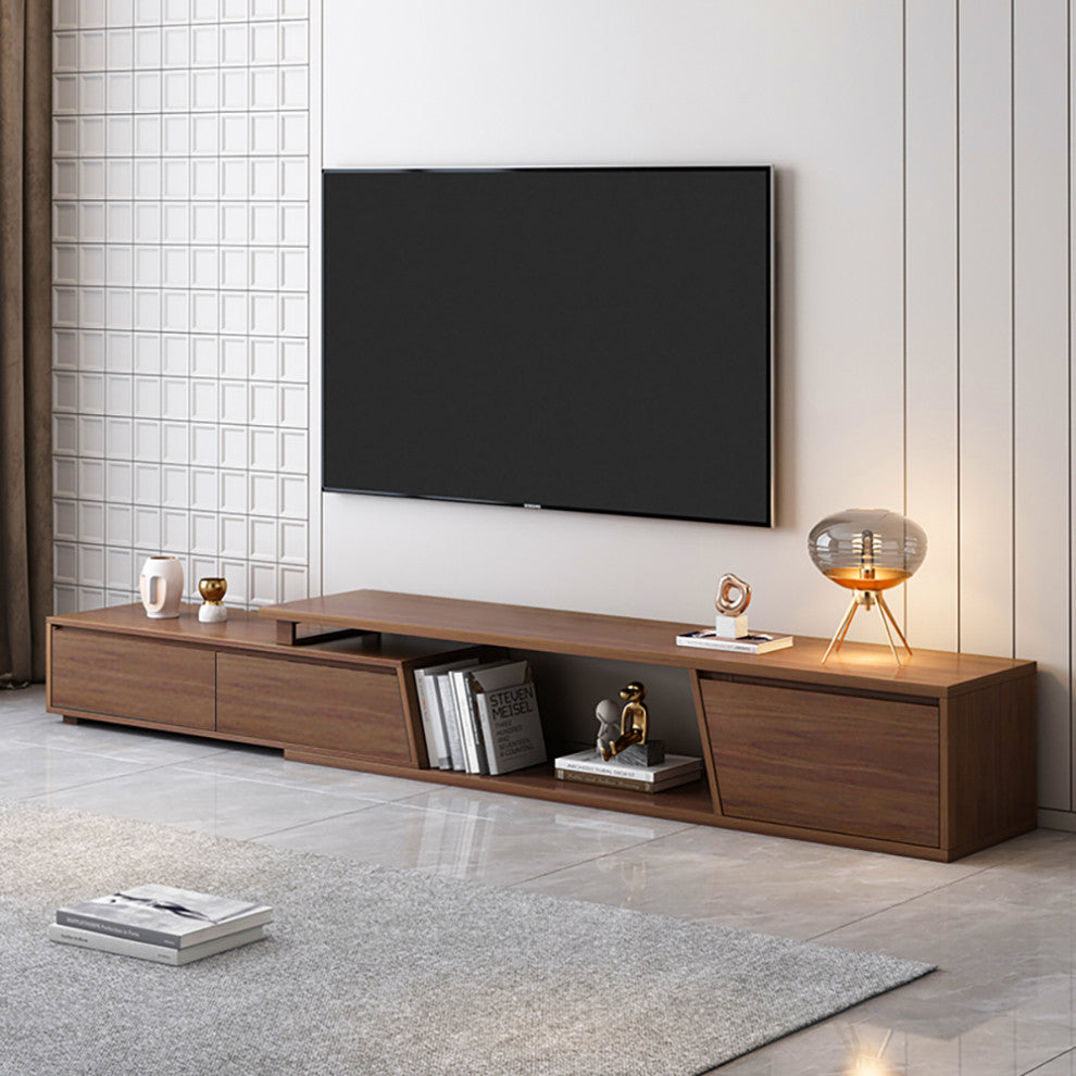 Fero Minimalist Walnut Rectangle Extendable TV Stand With 3 Drawers Up to 120", Walnut