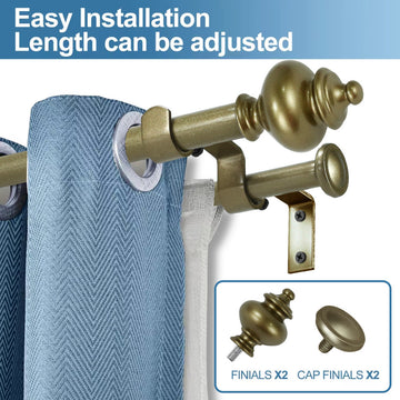 Round Urn Adjustable Double Curtain Rod Set, 5/8", Antique Gold, 48"-84"