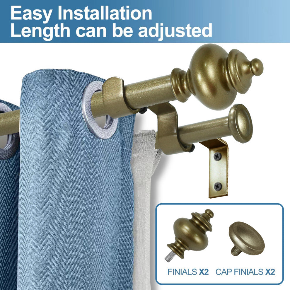 Round Urn Adjustable Double Curtain Rod Set, 5/8", Antique Gold, 48"-84"