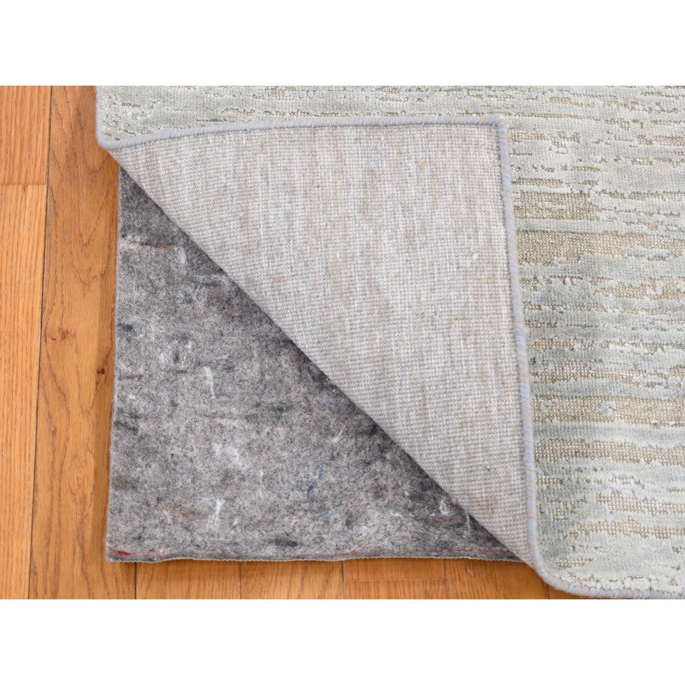 Light Beige Silk With Textured Wool Modern Design Hand Knotted Mat Rug, 2'x3'