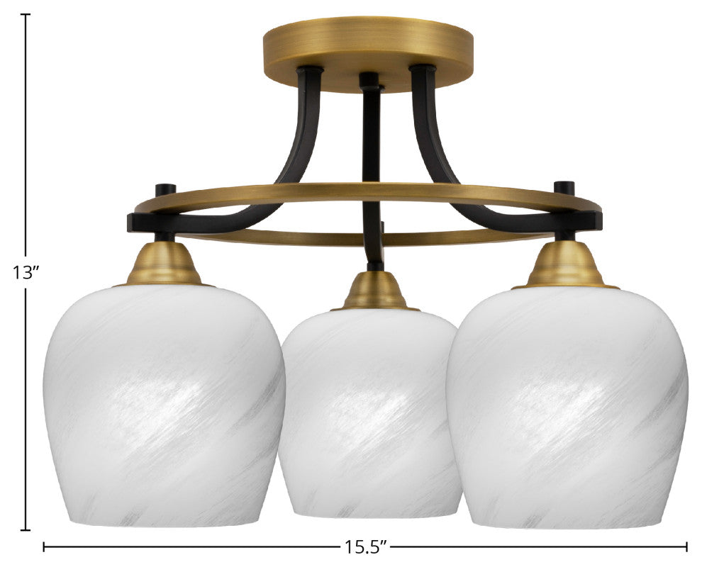 Paramount 3-Light Semi-Flush Light, Matte Black & Brass, 6" White Marble Glass