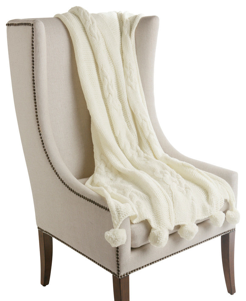 Knit Pom Pom Throw, White