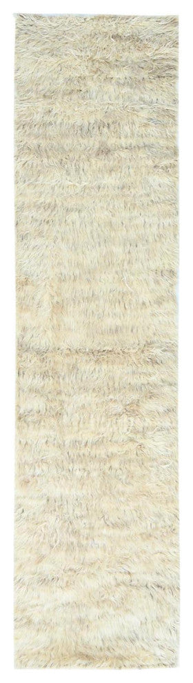 Beige Undyed Natural Wool Hand Knotted Shaggy Moroccan Runner Rug, 2'6"x10'0"